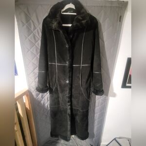 Long Black Leather Faux Fur Lined Full Length Coat Women's Small